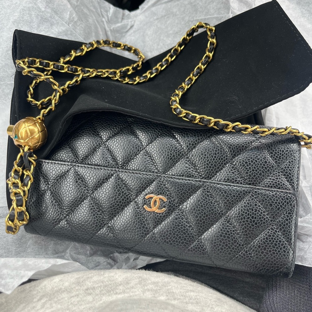 CHANEL Black Caviar Quilted Wallet with Gold Chain